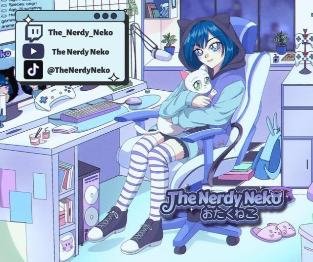 A 90s style digital illustration of The Nerdy Neko sitting at a gaming computer and holding a cat.