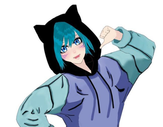A cat girl with teal short hair, fair peach skin, purple stripes on her cheeks, wearing a colorblock lavender and mint hoodie with the black hood over her cat ears.