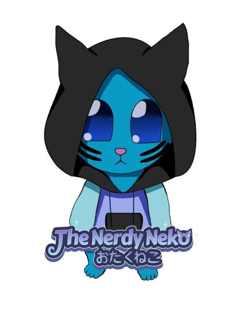 A teal cat standing up and staring at you blankly wearing the Nerdy Neko hoodie.