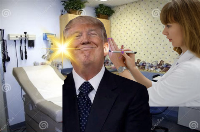 a human edited picture of a woman doctor shining a light in trump’s left ear and the shining light appearing in his right ear.