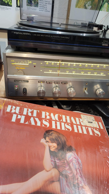 Record and a record player. Record is "Bruce Bacharach plays his hits" with a lady with bare legs... except she is probably now your grandmother's age so it is not so sexy in your mind. 