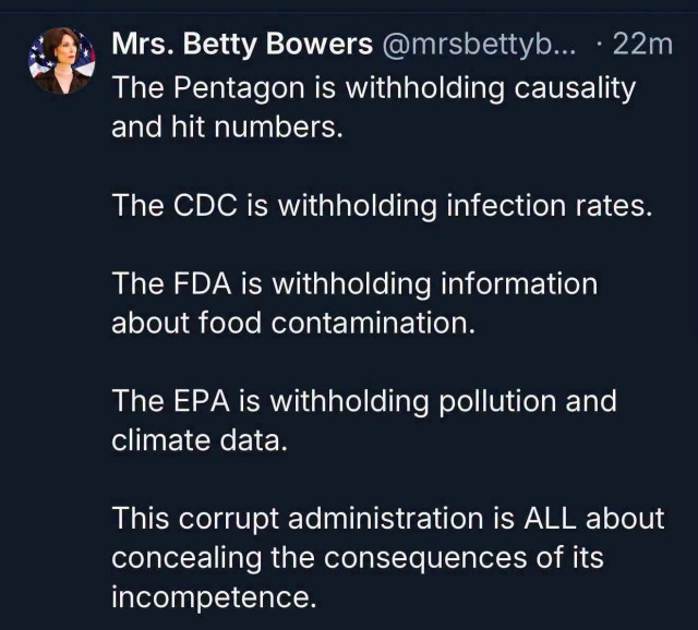 A social media post from Mrs. Betty Bowers. 

“The Pentagon is withholding causality and hit numbers.
The CDC is withholding infection rates.
The FDA is withholding information about food contamination.
The EPA is withholding pollution and climate data.
This corrupt administration is ALL about concealing the consequences of its incompetence.”