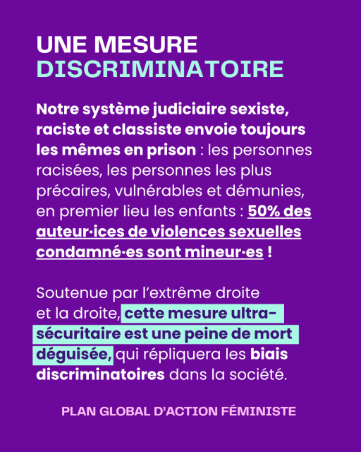 Slide 6
Titre : UNE MESURE discriminatoire
Notre système judiciaire sexiste, raciste et classiste envoie toujours les mêmes en prison : les personnes racisées, les personnes les plus précaires, vulnérables et démunies, en premier lieu les enfants : 50% des auteur·ices de violences sexuelles condamné·es sont mineur·es !

Soutenue par l’extrême droite 
et la droite, cette mesure ultra-sécuritaire est une peine de mort déguisée, qui répliquera les biais discriminatoires dans la société.