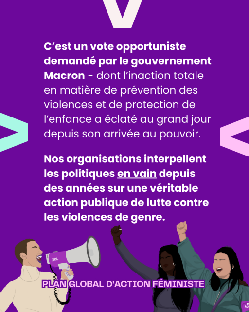 Slide 7 : C’est un vote opportuniste demandé par le gouvernement Macron - dont l’inaction totale en matière de prévention des violences et de protection de l’enfance a éclaté au grand jour depuis son arrivée au pouvoir. 

Nos organisations interpellent les politiques en vain depuis des années sur une véritable action publique de lutte contre les violences de genre.