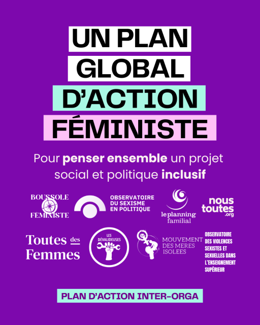Slide conclusive : Un plan global d’action féministe, 
avec les noms des organisations signataires : Boussole féministe, Observatoire du sexisme en politique, le planning familial, #Noustoutes, Toutes des femmes, Les dévalideuses, le mouvement des mères isolées, l'observatoire des violences sexistes et sexuelles dans l'enseignement supérieur.