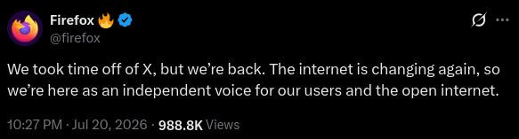 "We took time off of X, but we’re back. The internet is changing again, so we’re here as an independent voice for our users and the open internet."