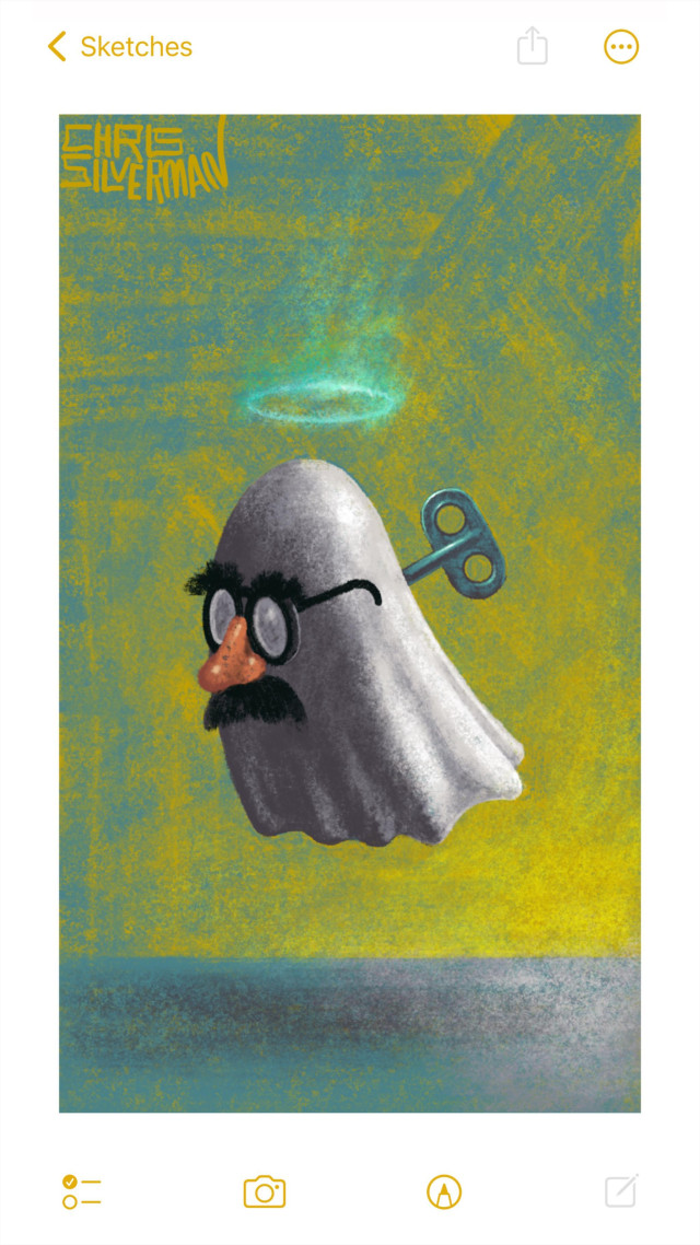 A small ghost hovers in a dull yellowish-gray space. The ghost has a windup key sticking out of its back, and it is wearing one of those cheap disguises: a large red nose, a black mustache, and black-rimmed glasses. A glowing blue-green halo hovers above its head. The painting is signed "Chris Silverman".