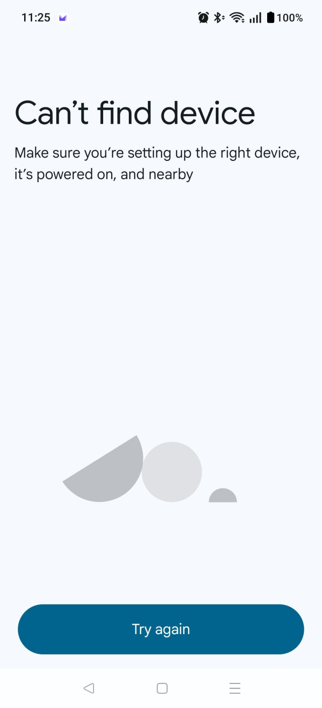 Screenshot of the Google Home app saying "Can't find device. Make sure you're setting up the right device, it's powered on, and nearby" with a button below labeled "Try again"