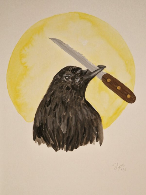 Portrait of a grow holding a serrated knife in its bill