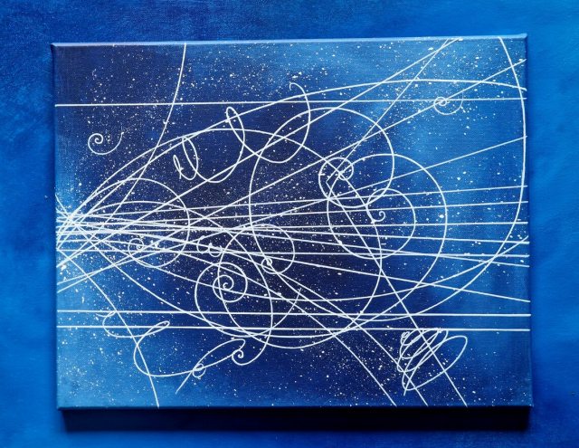 Blue gradient canvas painting with white particle trail lines painted over it