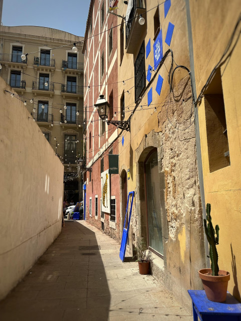 En gräns i Barcelona med gula och rosa putsade sandstensväggar med detaljer i blått. Det hänger ljuslyktor med bara glödlampor draperade mellan en mur och husvägg. I förgrunden en kaktus i en terrakottakruka.