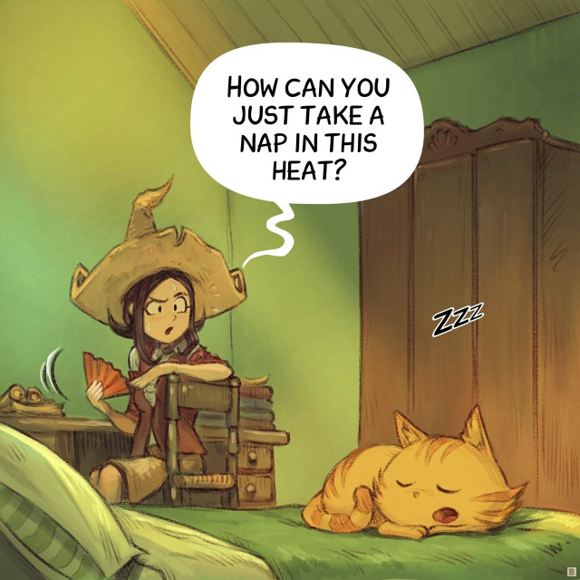 Panel 2. Pepper spins around and spots Carrot napping.  
> Carrot: "Zzz"  
> Pepper: "How can you just take a nap in this heat?"
