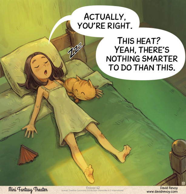 Panel 4. Pepper stretches out next to Carrot, closes her eyes, and finally relaxes.  
> Pepper: "Actually, you're right. This heat? Yeah, there's nothing smarter to do than this."