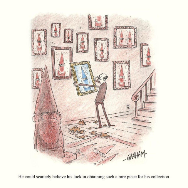 A mustached man proudly hangs a framed portrait of a blue pointy‑hatted gnome among dozens of identical red‑gnome portraits on a wall,  a comic scene about finding a supposedly "rare" piece for a collection. Caption reads "He could scarcely believe his luck in obtaining such a rare piece for his collection."