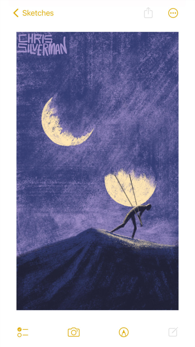A slightly cloudy night: a blue sky with wispy purple clouds. An orange crescent moon, the edges of the crescent ragged, sits in the sky above a mountain. Running down the right side of the mountain, a large fragment of the moon strapped to its back, is a small figure. The painting is signed "Chris Silverman".
