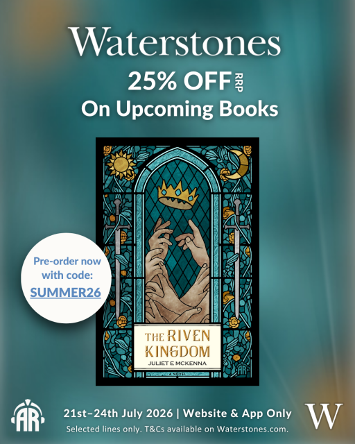 Promotional flyer for the Waterstones pre-order sale offer on The Riven Kingdom. This shows the cover art which is in the style of a stained glass window. Blue-green leaves and vines dotted with golden flowers coil around silver swords in panels on either side. These are topped with a golden sun on the left and a yellow crescent moon on the right. In the centre. rival hands stretch upwards trying to get hold of a crown that's just out of reach... 