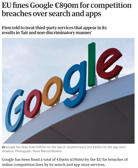 Screenshot of the Guardian article titled, "EU fines Google €890m for competition breaches over search and apps"
