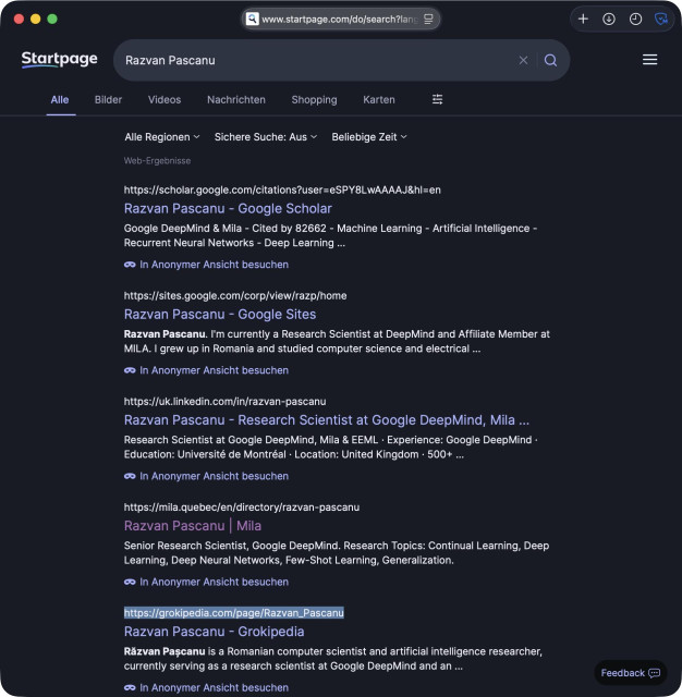Search results for Razvan Pascanu, showing links to his profiles and research at Google DeepMind and other sources.
