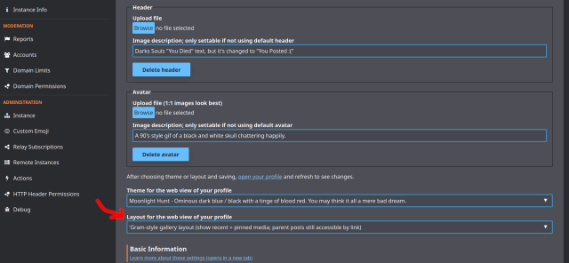 Settings page with a red arrow pointing at the "Layout for the web view of your profile" setting.