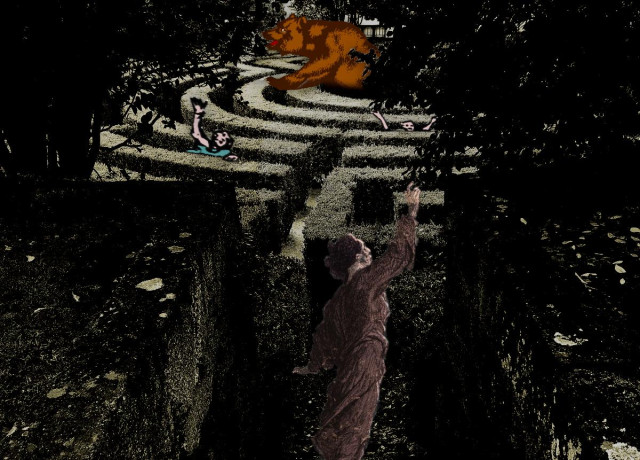 A hedge maze; out of its center rises the bear from the California state flag. Various human figures struggle to escape it. At the maze's entrance stands an agonized figure, reaching towards it.