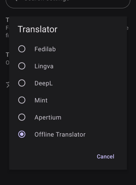 Fedilab selection screen to choose a translator. Options are Fedilab, Lingva, DeepL, Mint, Apertium, Offline Translator.