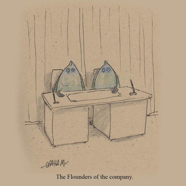 Two flounder fish sit at an executive desk, awkwardly posed as company executives — a visual pun captioned "The Flounders of the company."