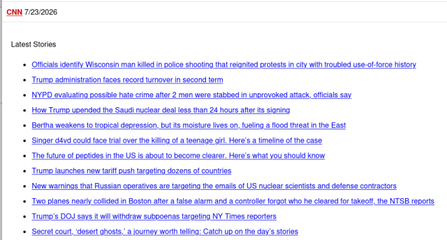 CNN top headlines, no mention of war