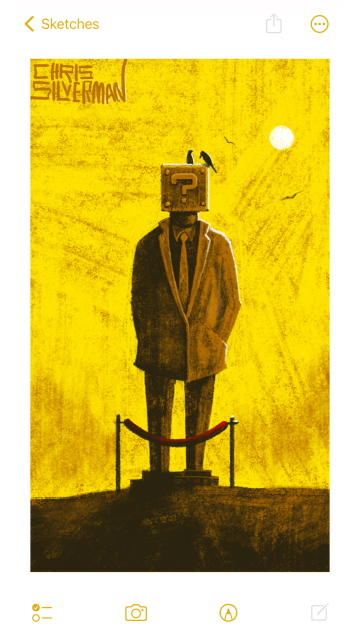 A bronze statue of a person stands in a flat, barren area under a yellow sky. In the top right of the sky is a round white sun. A few birds are in the sky. The person is wearing a suit and tie, and has both hands in their pockets. Where their head should be is a box with a question mark on the side. A few birds are perched on the box. In front of the statue is a red barricade, the kind you'd see in a museum. In the background is a blurry treeline. The painting is signed "Chris Silverman".