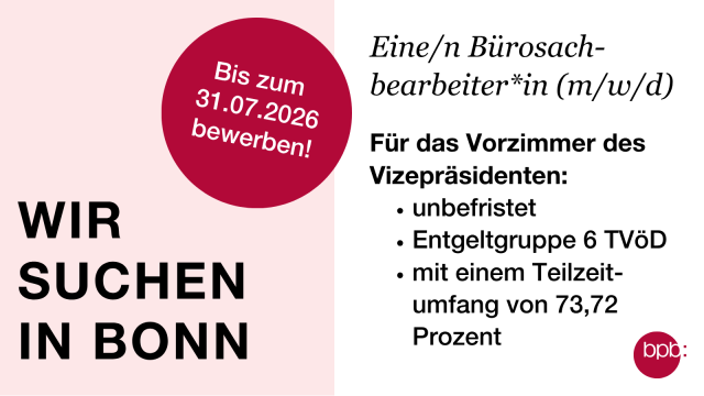 Wir suchen in Bonn eine/n Bürosachbearbeiter/-in (m/w/d) für das Vorzimmer des Vizepräsidenten. Die Stelle ist unbefristet mit einem Teilzeitumfang von 73,72 Prozent und wird nach Entgeltgruppe 6 TVöD vergütet. Bis zum 31.07.2026 bewerben!