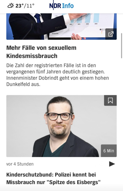 Screenshot NDR Info: Headline „Kinderschutzbund: Polizei kennt bei Missbrauch nur die Spitze des Eisbergs.“