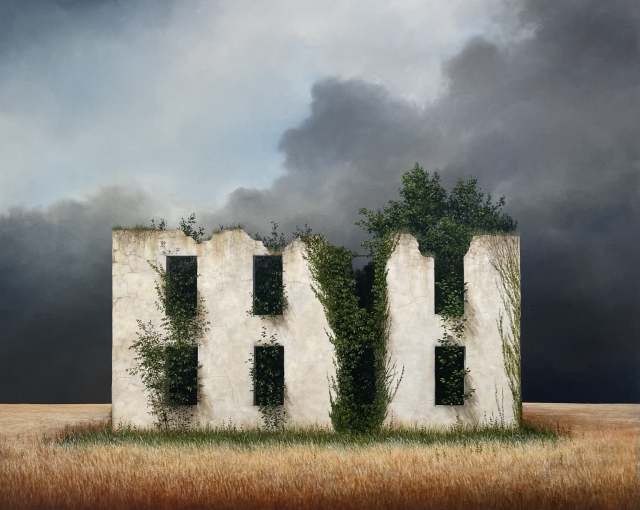 An overgrown ruin in a cornfield. Painting by Lee Madgwick. 