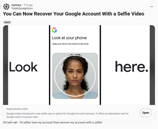 Screenshot of a Reddit post someone shared of Google's announcement. Title, "You can now recover your Google account with a selfie video"