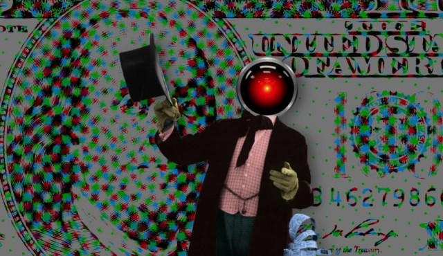 A carny barker waving his top-hat and selling tickets from a roll; his head has been replaced with the hostile red eye of HAL9000 from Kubrick's '2001: A Space Odyssey.' The background is a magnified, halftoned detail from a US$100 bill.


Image:
Cryteria (modified)
https://commons.wikimedia.org/wiki/File:HAL9000.svg

CC BY 3.0
https://creativecommons.org/licenses/by/3.0/deed.en