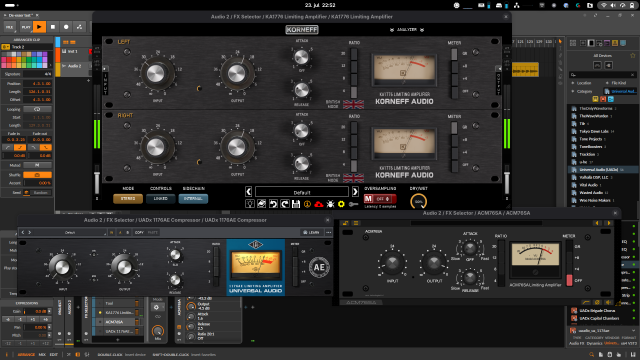 A screenshot from the DAW Bitwig on a CachyOS LInux machine. Filling up most of the screen is three similar plugins, all emulations of the famous 1176 compressor. In the top it's Korneff Audio's new version, lower left it's Universal Audio's version and lower right it's the version from ACMT.