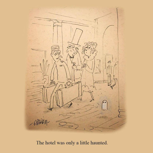 Hotel guests and a bellhop in a lobby stare, surprised, at a tiny, harmless ghost at their feet, conveying a mild, comical haunting. Caption reads "The hotel was only a little haunted."