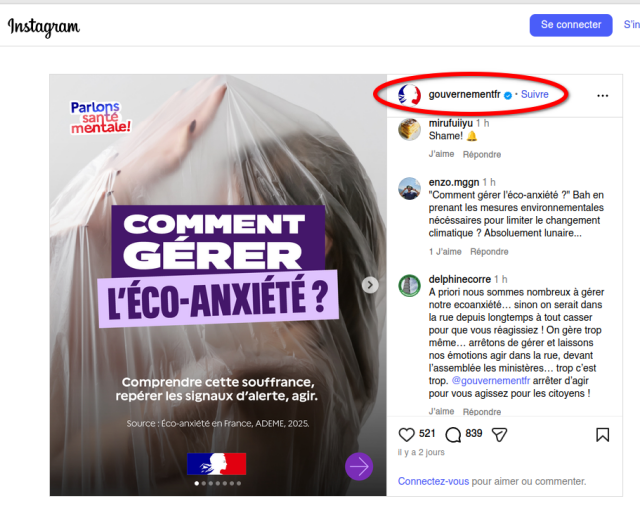 Capture d'écran d'un post du Gouvernement sur Instagram : « Comment gérer l'éco-anxiété ».
Ce post a suscité un torrent de commentaires négatifs.