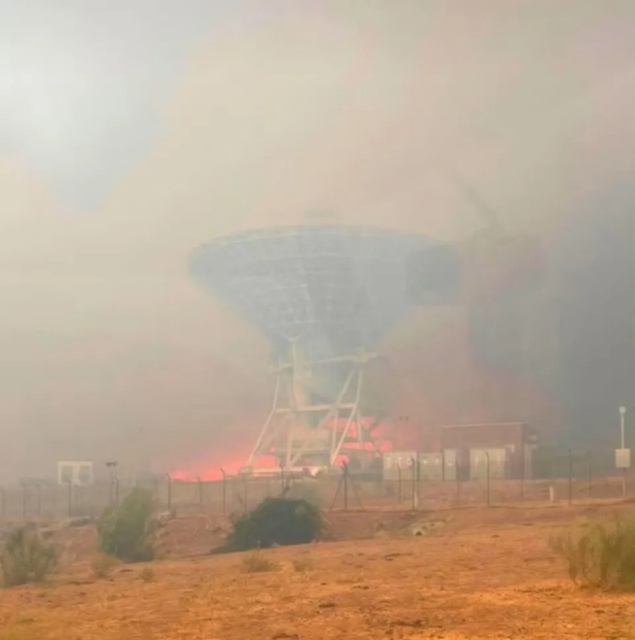 photo showing the space radio telescope complex near Madrid on fire 