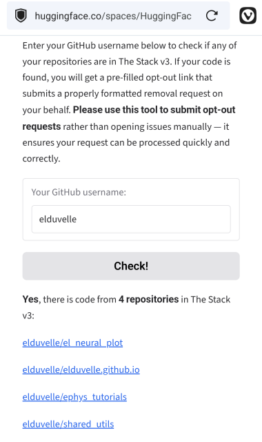 Screenshot of the Alien scraper gen AI telling me they scraped my repos and that I can "opt-out"