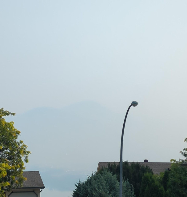 A view of very nearby hills across a valley bottom barely discernable in the background due to heavy grey smoke in the air. A couple of house rooves and tops of shrubbery are visibile in the foreground.