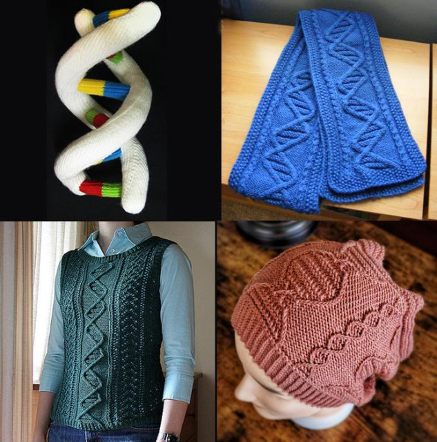 1. Free Baby’s First DNA Model double helix softie. Designed by Kimberly Chapman. Pictured project by kittyvonditty
2. Free DNA Scarf knit with a a cable modeled after the double helix of DNA. Designed by June Oshiro. Pictured project by 1les
3. Free DNA Sweater Shell tank top with double helix cable framed with diamond and torchon lace patterns. Designed by Chris O'Brien. Pictured project by OctopusKnits
4. DNA Beanie Hat with cable and textured patterns inspired by the helix structure of the DNA molecule. Designed by AlisFiberArts.