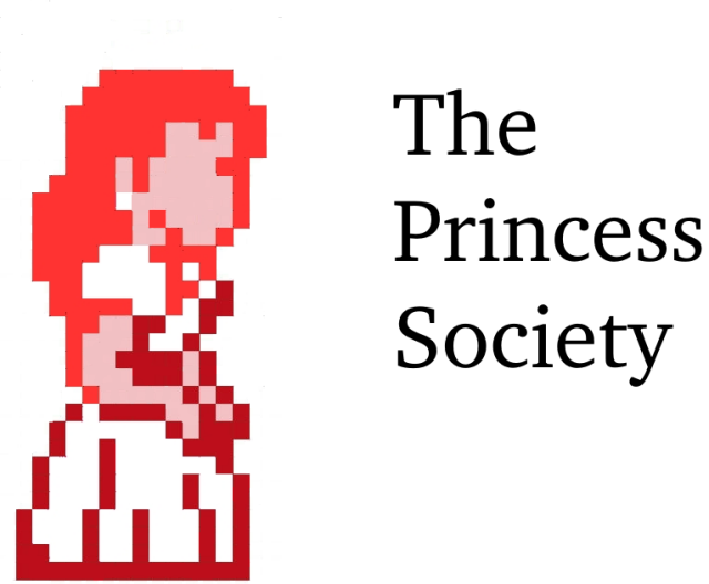 An edited sprite of Princess Peach made to make her look like the Princess from the titular Princess creepypasta; next to her blank face, red hair, and white dress, is text that reads The Princess Society