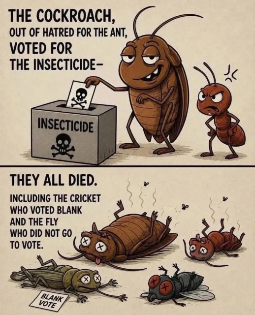 The cockroach, out of hatred for the ant, voted for the insecticide. They all died. Including the cricket, who voted blank, and the fly who did not go to vote.