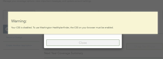Web site showing  a warning that CSS is disabled… 