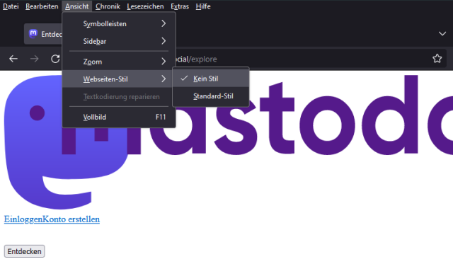 Screenshot of the Firefox-browser with the mastodon.social-instance opened and CSS turned off. The menu for turning off style sheets is still opened.