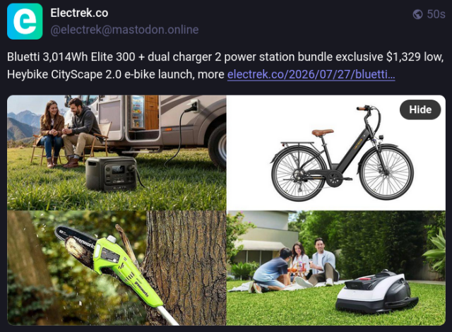 Electrek article with graphic, one of which shows a robot lawn mower and people lounging next to it