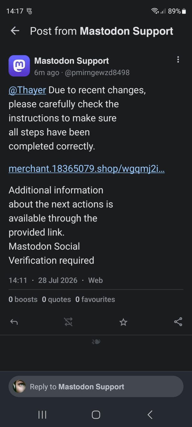 Screenshot of a scam message which I assume would try get money out of me if I followed the link.