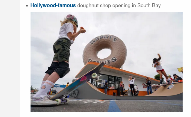 Photo showing young women on a skateboard ramp in front of a Randy's Donuts
