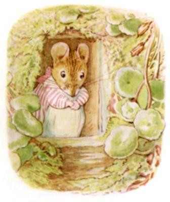 Title: The Tale of Mrs. Tittlemouse

Author: Beatrix Potter

Illustration showing an anthropomorphic mouse dressed in a pink-and-white striped garment, peeking out from a small doorway surrounded by round green leaves (like nasturtiums).
