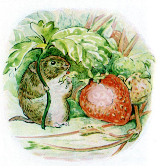 Title: The Tale of Johnny Town-Mouse

Author: Beatrix Potter

Illustration showing a small brown field mouse standing upright, nibbling on a bit of foliage beside a large ripe strawberry that appears sliced open, with more strawberries and greenery in the background.
