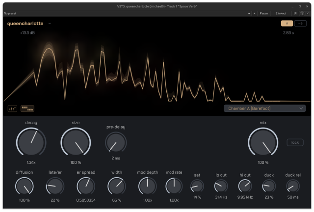 a queencharlotte (reverb plugin) design iteration. features a glowing reverb frequency response plot and better control organization.